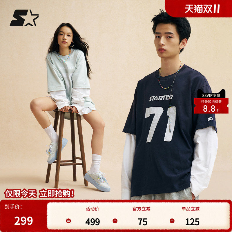 STARTER T恤夏季男女同款纯棉数字印花假两件运动休闲百搭上衣