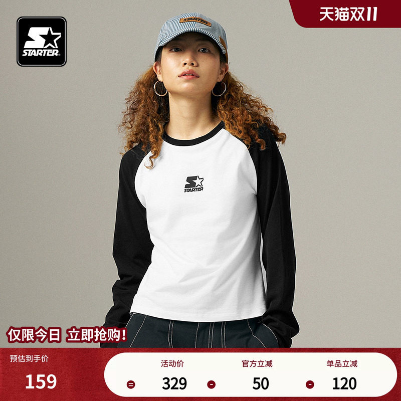 STARTER长袖T恤秋季纯棉黑白插肩修身显瘦休闲男女同款百搭上衣