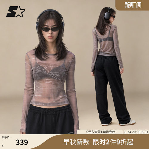 STARTER网纱长袖衫2026秋季新款紧身高弹透气女款上衣休闲长袖T恤