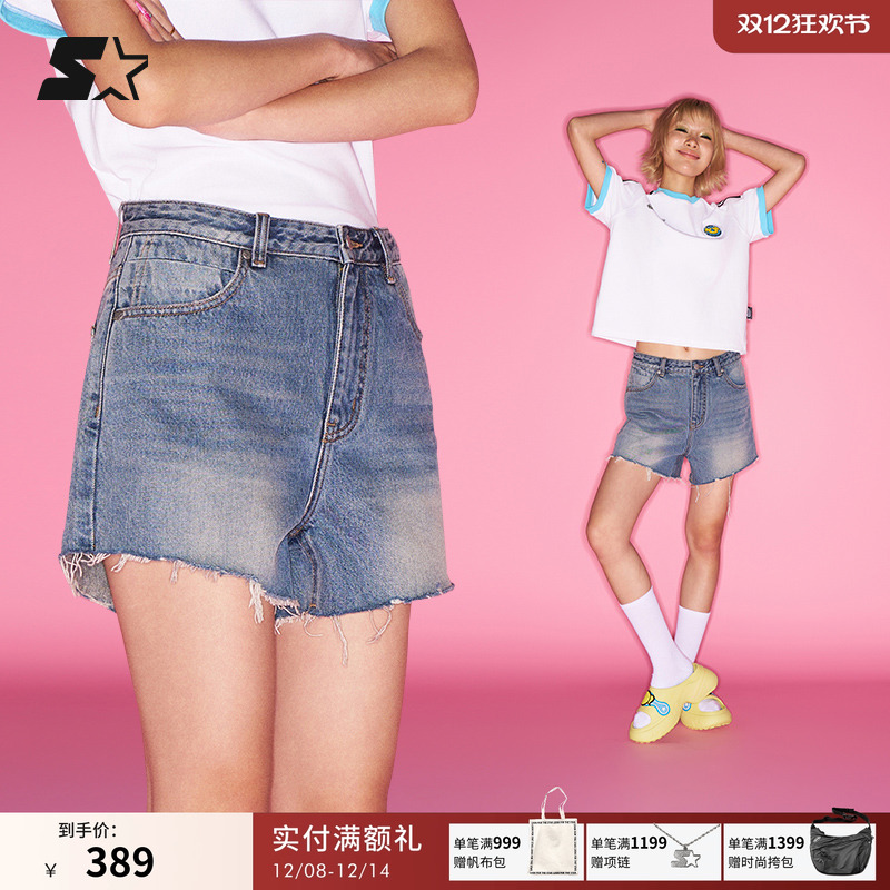 STARTER牛仔短裤2025夏季新款女生纯棉修身做旧水洗休闲百搭裤子