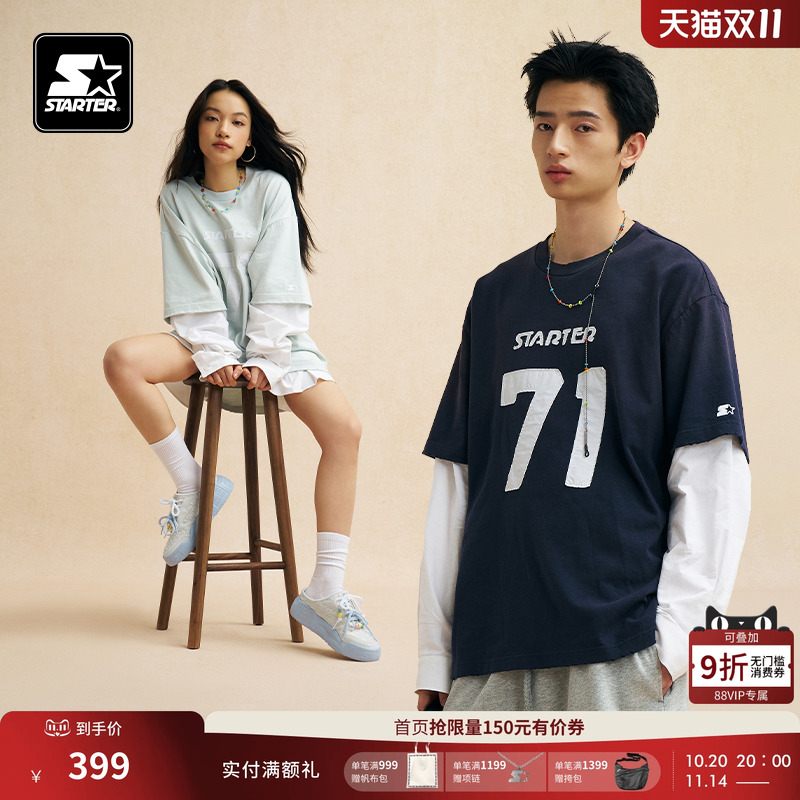 STARTER T恤2025秋季男女同款纯棉数字印花假两件运动休闲上衣