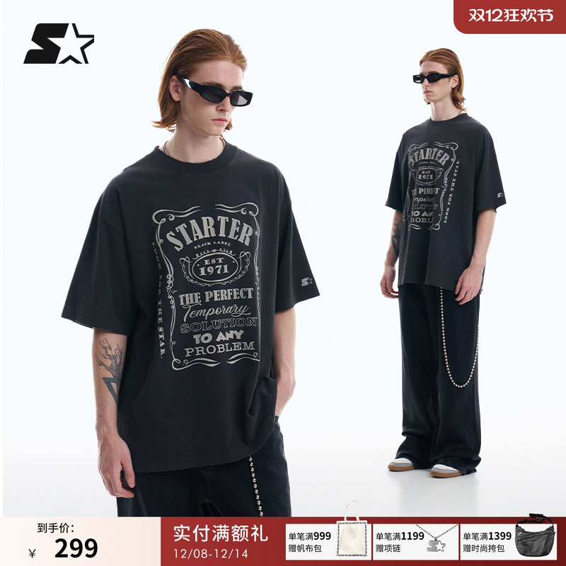 STARTERT恤2025夏季新款男女美式复古印花潮牌宽松情侣短袖上衣