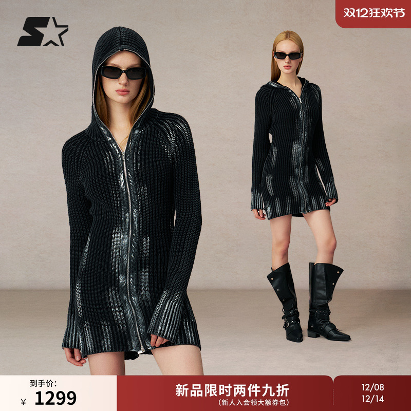 STARTER连衣裙2025秋冬新款黑色时尚连帽女百搭休闲紧身裙子