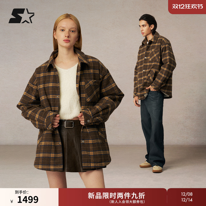 STARTER格纹棉服2025秋冬新款保暖女款衬衫男休闲运动上衣外套