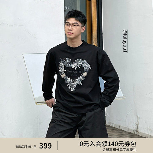 STARTER长袖T恤2026春季新款宽松男款纯棉百搭休闲黑色上衣女生