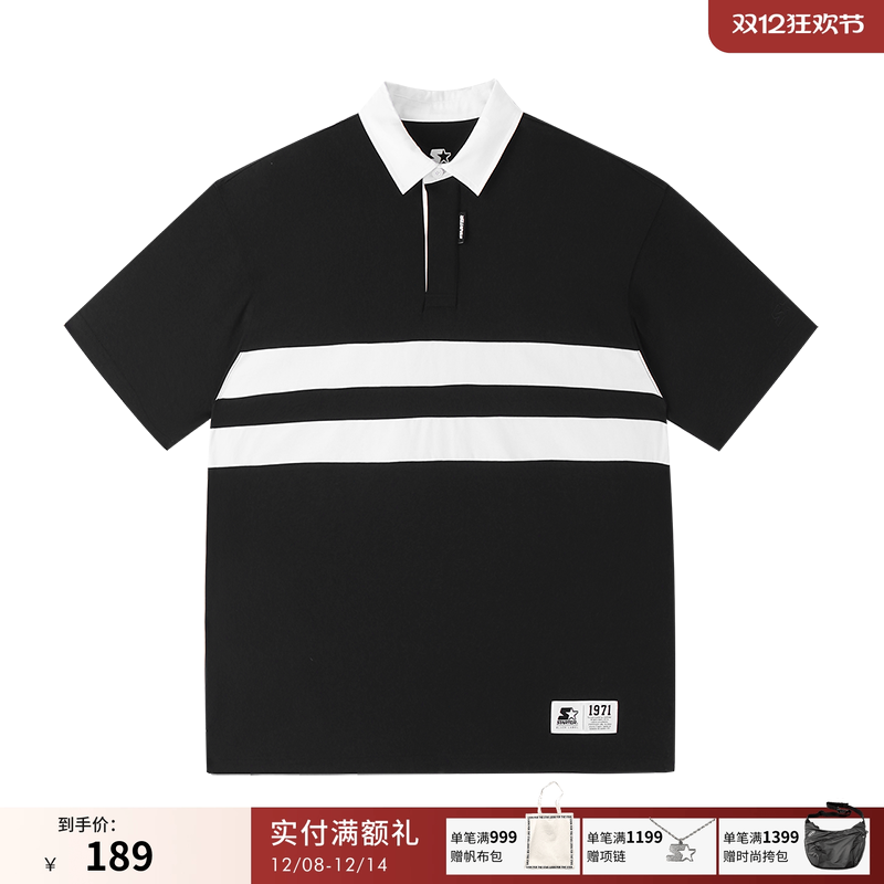 STARTER|POLO衫100%棉新款百搭条纹时尚针梭拼接男女宽松短袖上衣