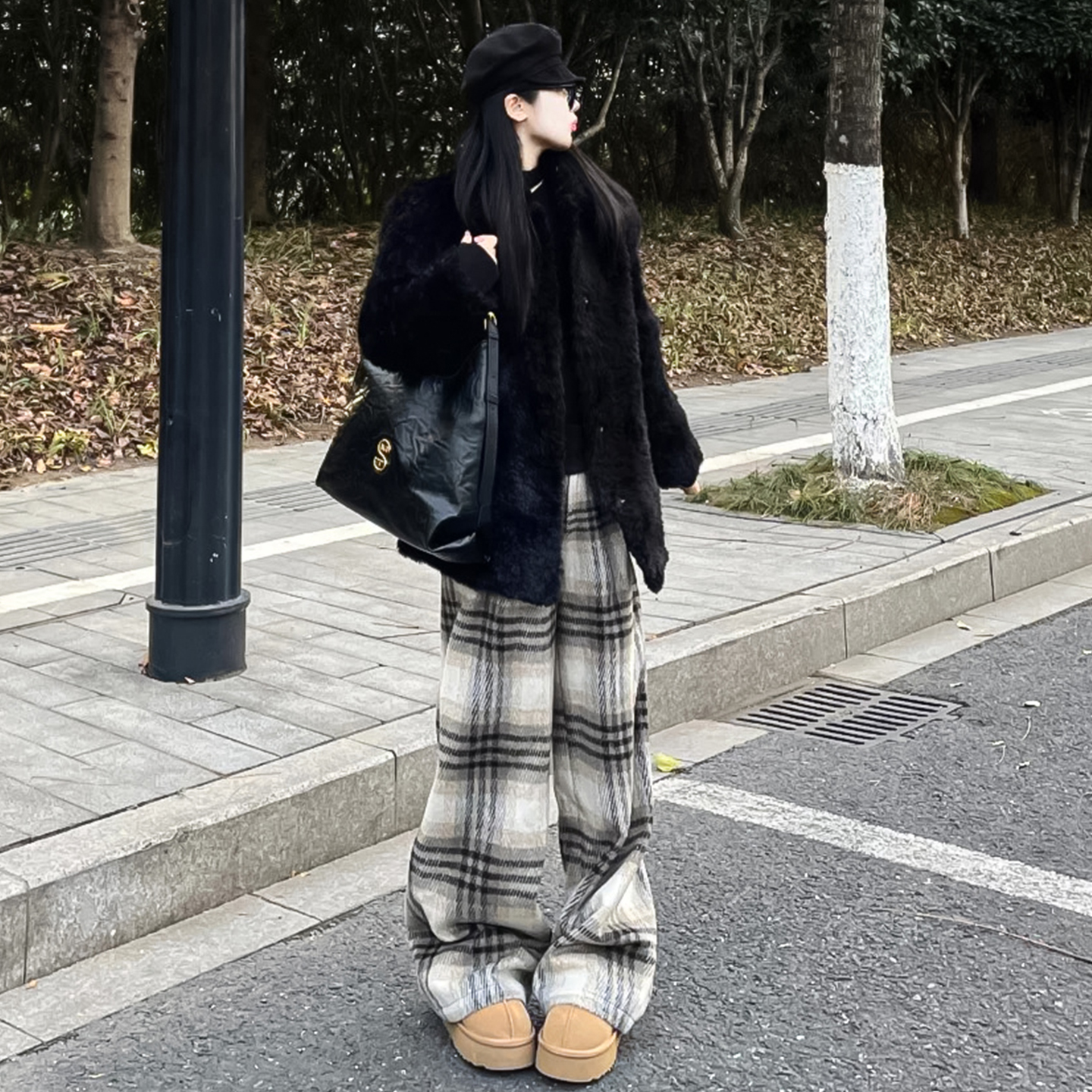 女童加绒格子裤秋冬款儿童一体绒