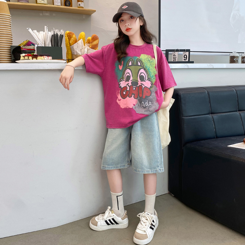 女童夏装套装2025新款洋气儿童牛仔短裤夏季薄款女大童装五分裤子