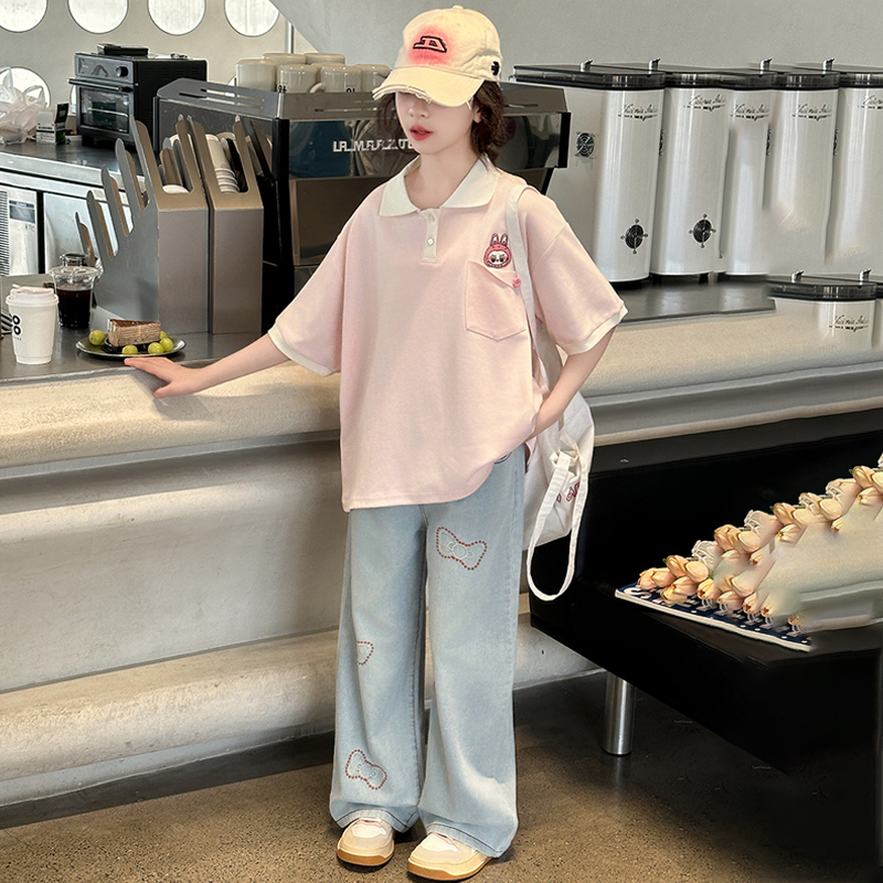 女童polo衫短袖t恤夏季套装2025新款中大童宽松休闲卡通纯棉半袖