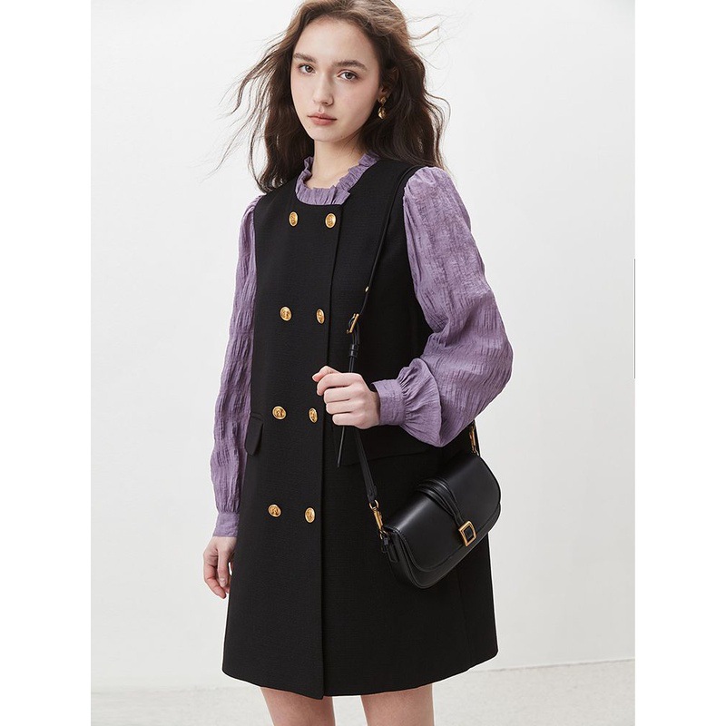 木耳边黑色A小个子2025新款拼接长袖圆领短袖连衣裙纽扣装饰复古