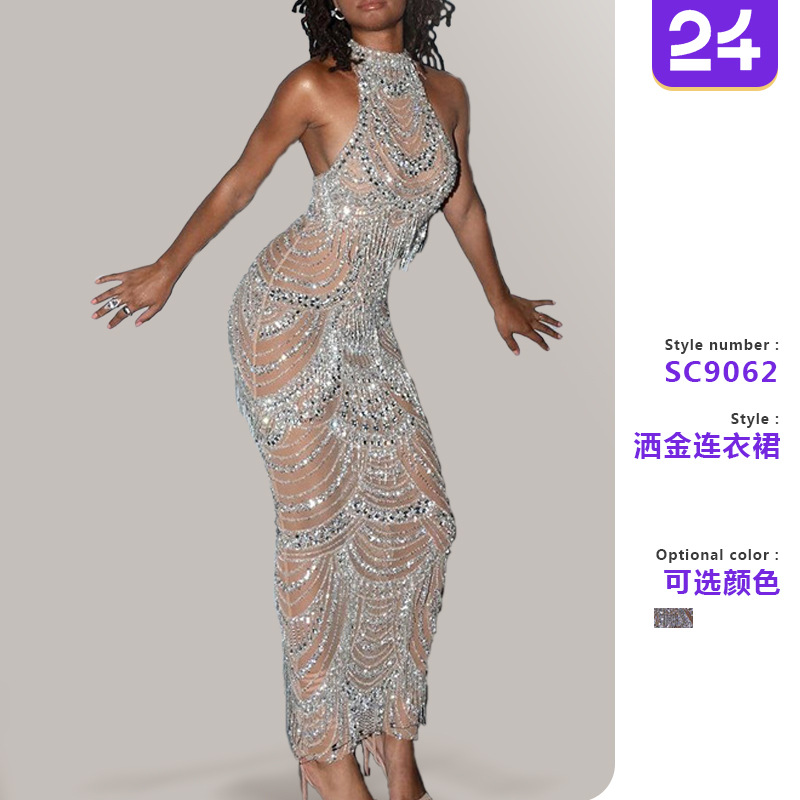 2025跨境新款欧美女装亚马逊连衣裙挂脖礼服透视亮片性感长裙