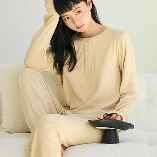 印4花家软 睡202秋冬新款 纽扣居服女纯色宽松长袖 上QKB衣长裤 套装