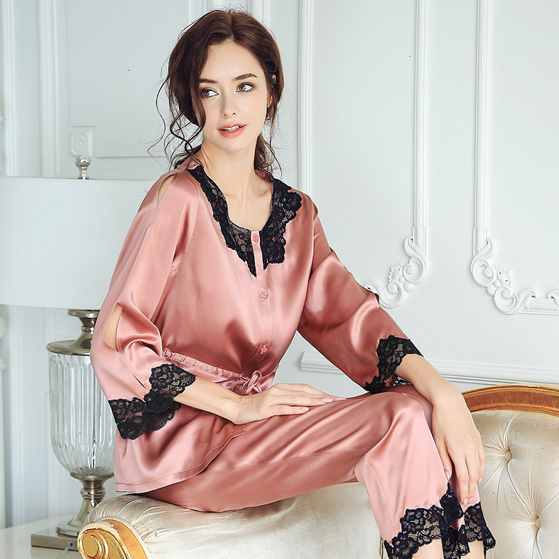 蕾恰睡衣女夏季套装长袖长裤两件套 真丝简约时尚薄款家居服丝绸