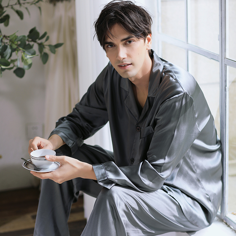 蕾恰真丝睡衣男秋冬长袖长裤100%桑蚕丝春秋季男士丝绸家居服套装
