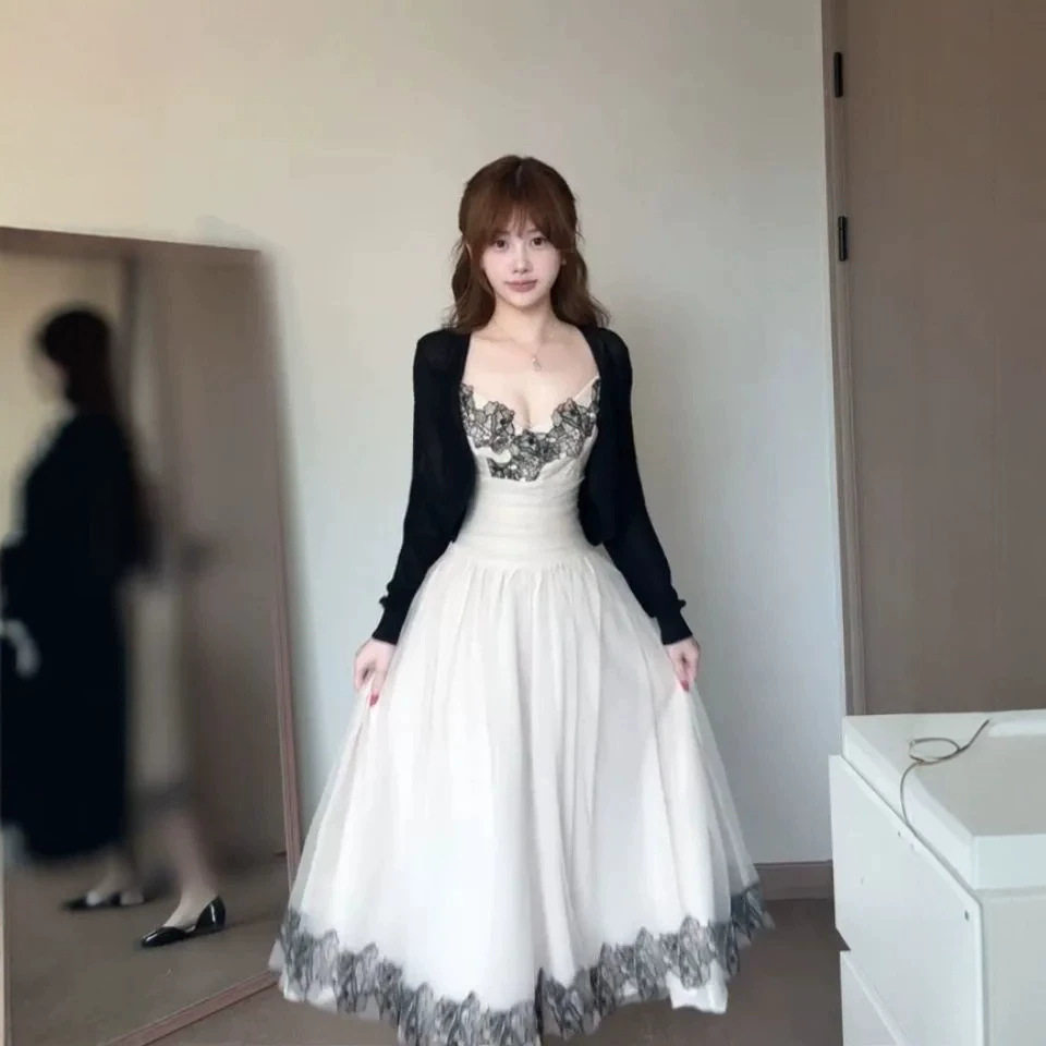 solo爆~蕾丝秘境~性感花边吊带裙法式蕾丝拼接收腰网纱连衣裙女
