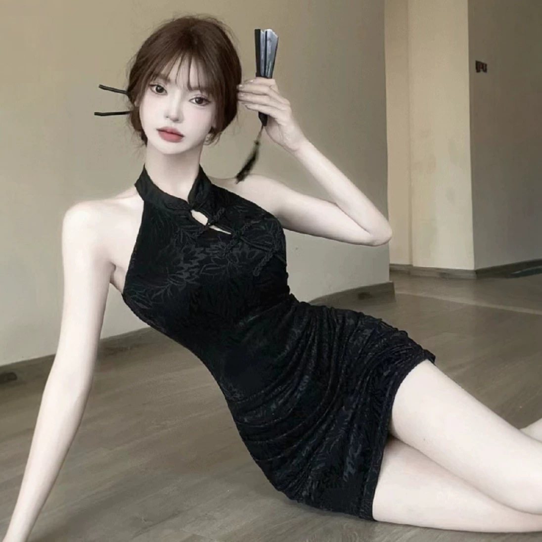 性感辣妹暗纹压花改良式旗袍中式连衣裙