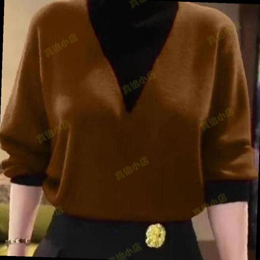 中年妈妈秋冬季百搭假两件德绒衫半高领撞色衬衫打底衫女新款打底