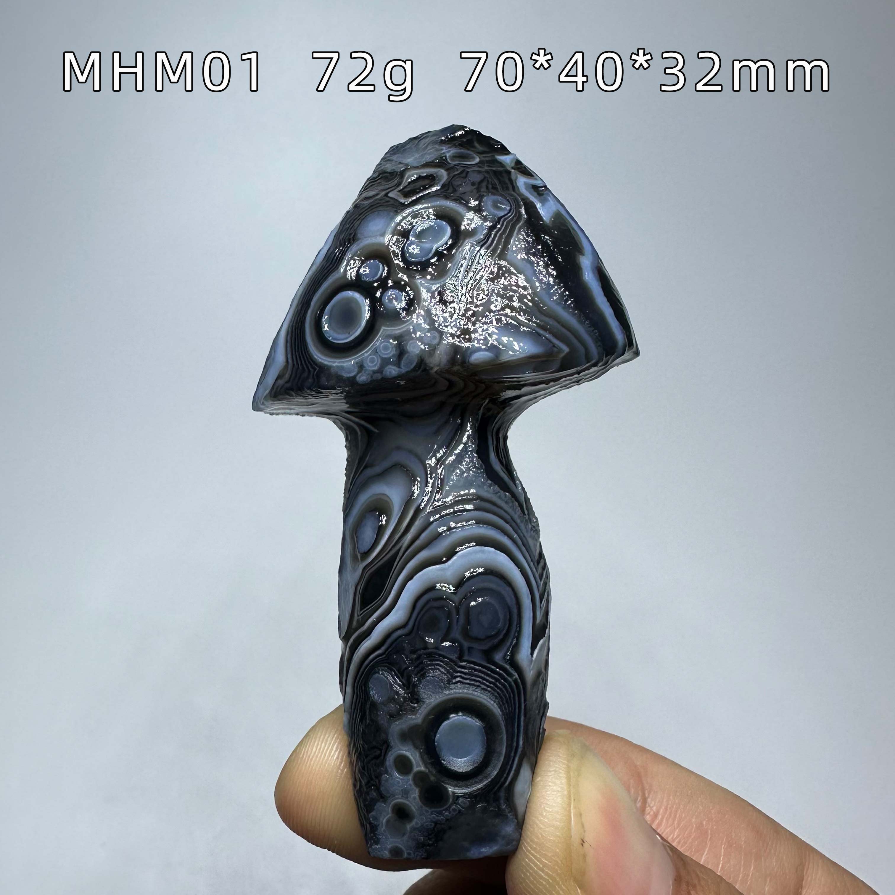 天然阿拉善戈壁黑色花眼玛瑙蘑菇手把雕刻件原石外蒙古奇石摆件