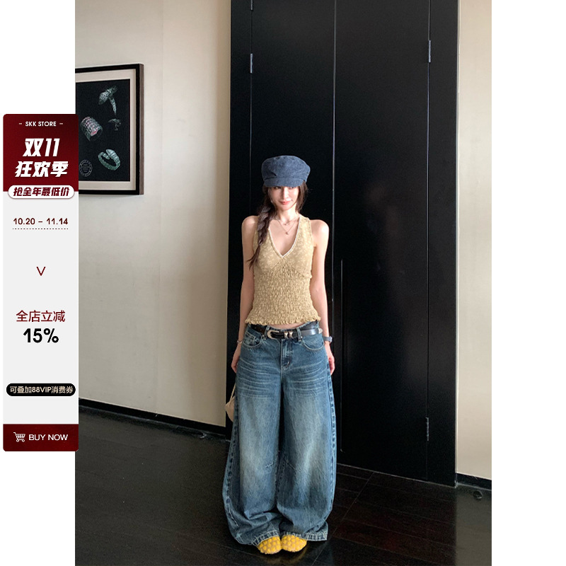 水洗做旧立体猫须肌理阔腿牛仔裤