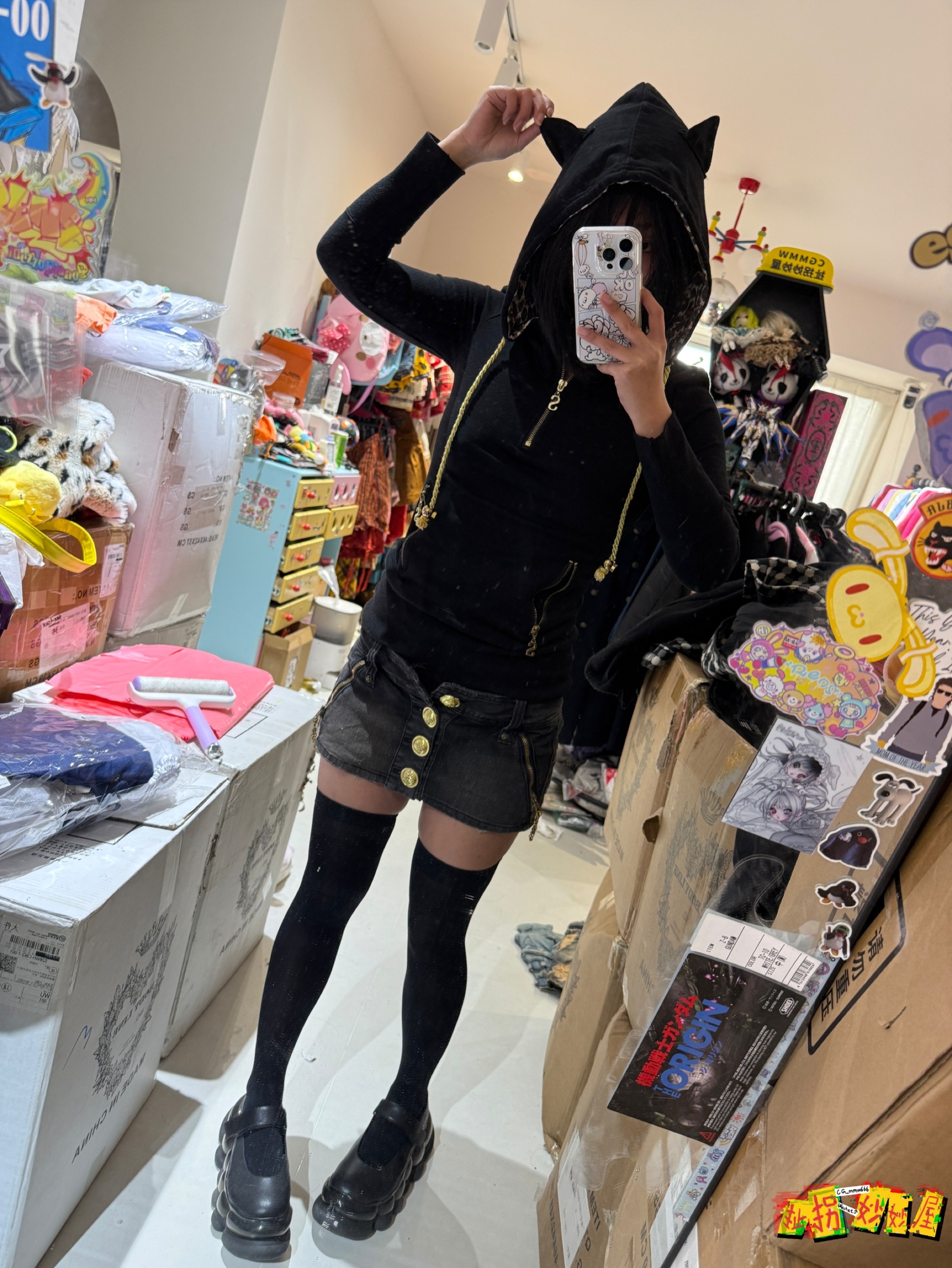 【现货掉落】不知名日牌中古稀有孤品姬系黑金连帽外套猫耳gal系