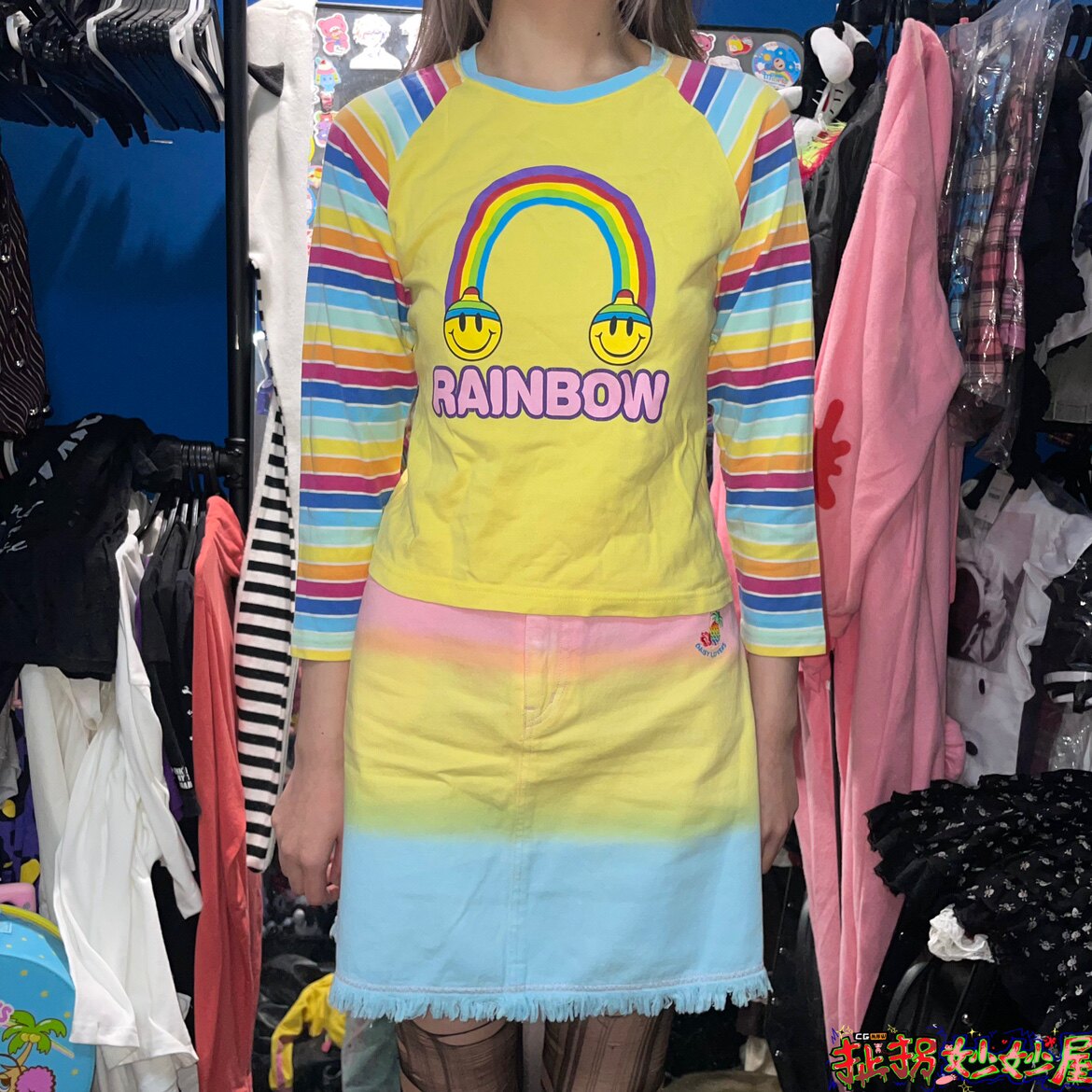 【现货掉落】klc日牌中古稀有孤品可爱彩虹拼接袖卫衣原宿童趣y2k