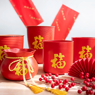 新年宵花福桶空桶红色抱抱桶乔迁开业摆件圆形绒布干花银柳插花桶