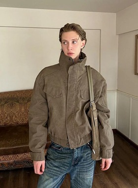 EME正品复古街头vintage工装夹克立体剪裁立领短宽做旧外套潮流男