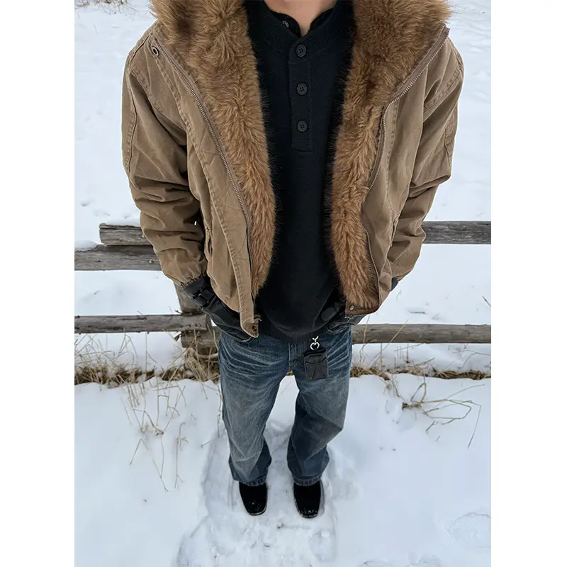 EME冬季美式座山雕水洗剪裁解构拼毛加绒加厚保暖棉服挺阔夹克潮