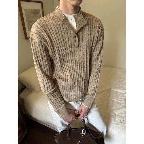 EME正品 复古老钱风编织麻花亨利领针织毛衣慵懒肌理休闲外套男潮