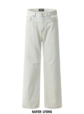 KAFER 美式复古vintage浅色牛仔裤男高街做旧阔腿休闲解构长裤子