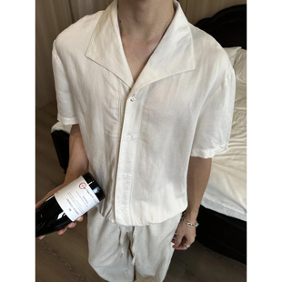 【EME】25SS雨露亚麻枪驳抽褶短袖衬衫夏季设计款老钱棉麻衬衣潮