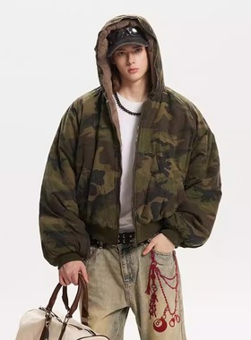 MADEEXTREM美式复古迷彩冬季加厚保暖仿兔毛内里迷彩外套夹克男女