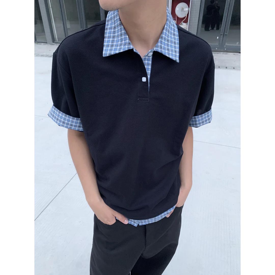 MADEEXTREME 藏蓝色假两件拼接透气格纹polo领短袖衬衫t恤miu系潮