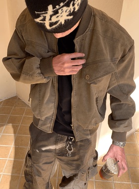 MADEEXTREME 美式bomber棕色夹克短款复古做旧哈灵顿外套男女上衣