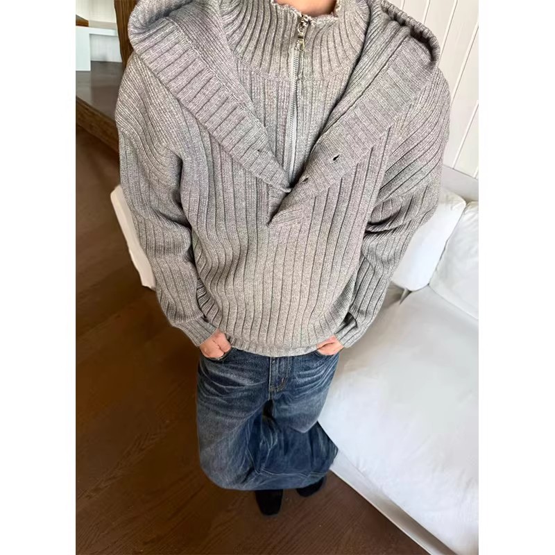 EME 复古假两件设计感立领毛衣男女秋冬加厚保暖连帽针织衫外套潮