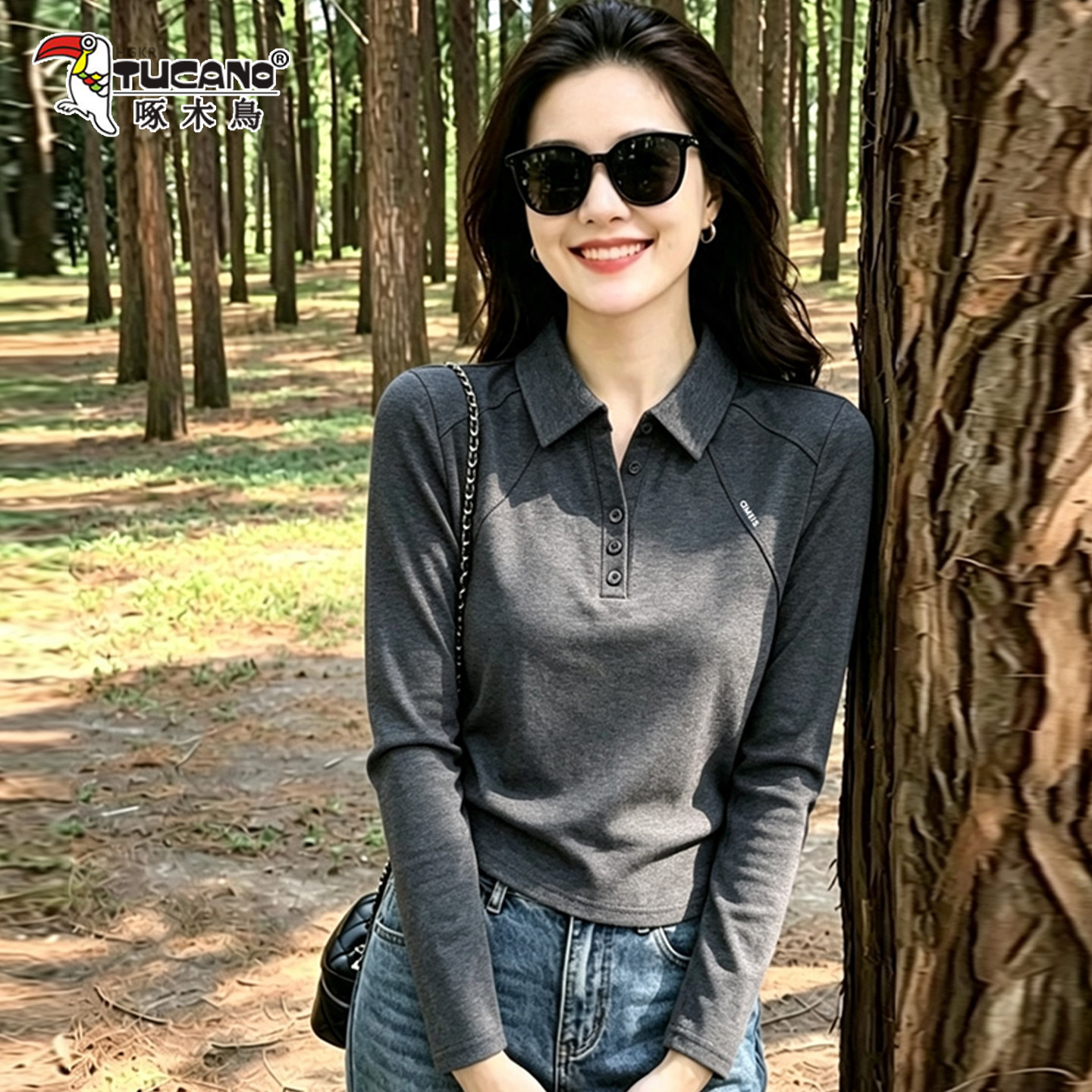 啄木鸟纯棉翻领长袖女显瘦百搭秋图片