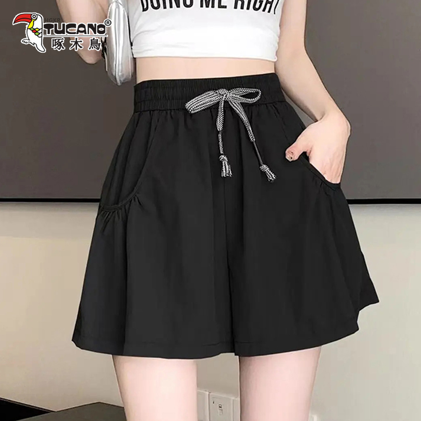 啄木鸟高腰阔腿裙裤女夏薄款短裤图片