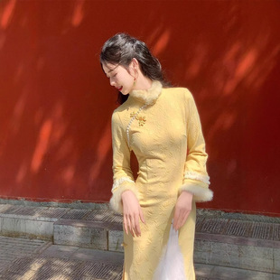 绝美新中式鹅黄色国风改良旗袍加厚年轻高端汉服连衣裙
