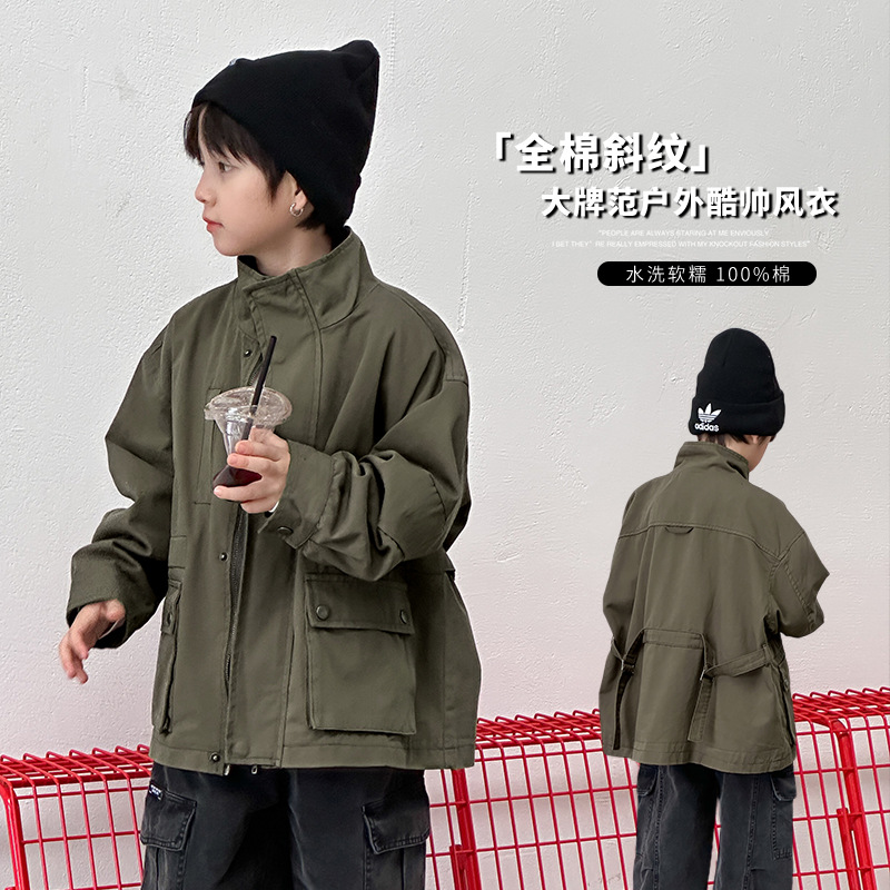 2025秋复古大口袋风衣男女童韩版