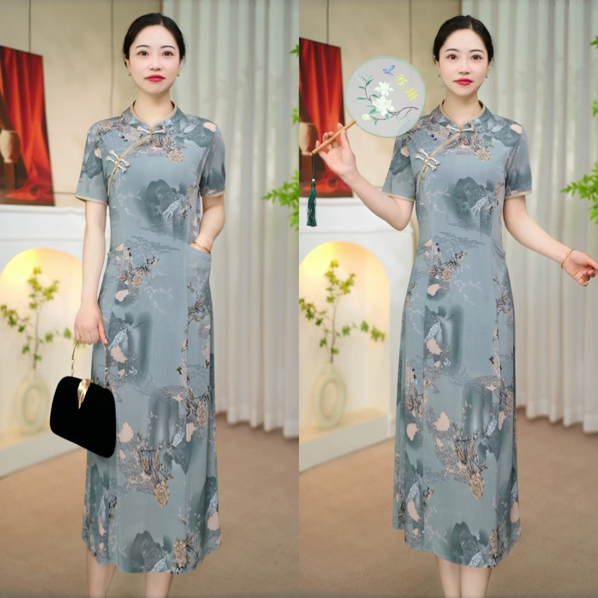夏季新款中年女士改良短袖旗袍裙时尚显瘦冰雪丝透气裙子5932