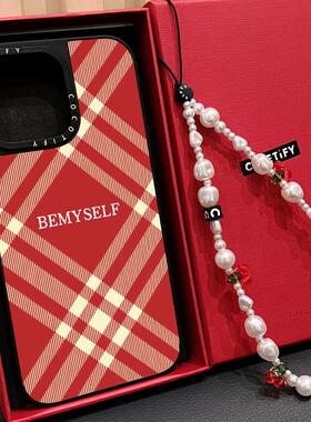 C家红色英文字母格纹布纹适用苹果16promax手机壳iphone17promax磁吸MagSafe新款14plus时尚13少女12网红11