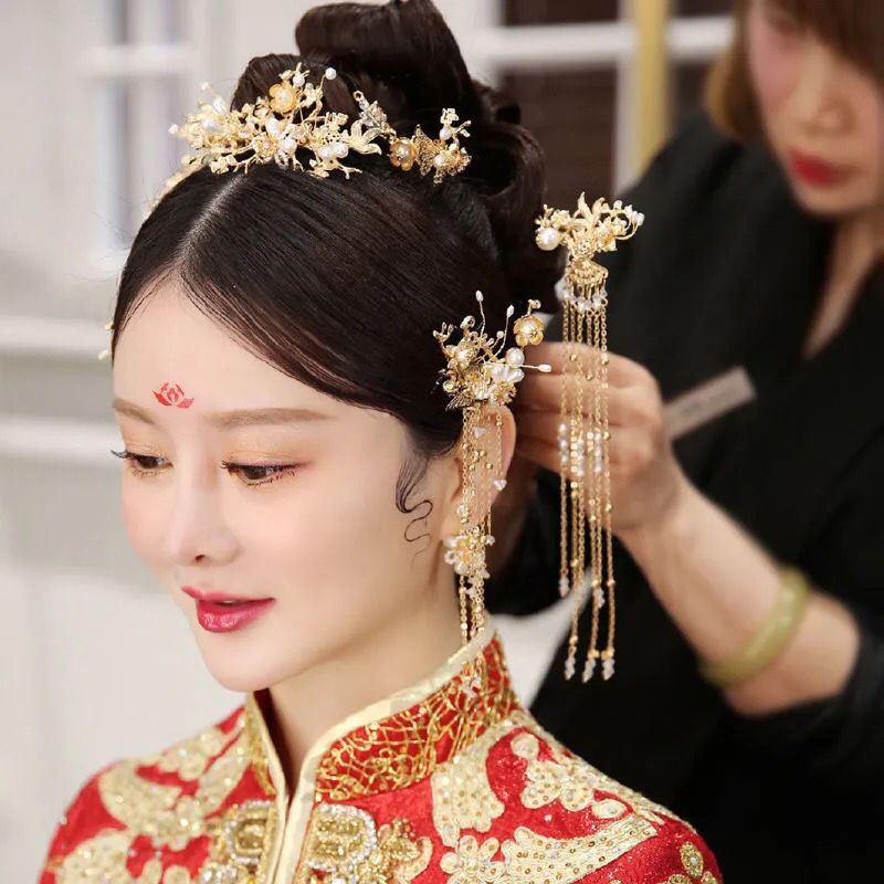 中式头饰女新娘套装流苏禾服头饰新娘龙凤褂古风发饰结婚古装凤冠