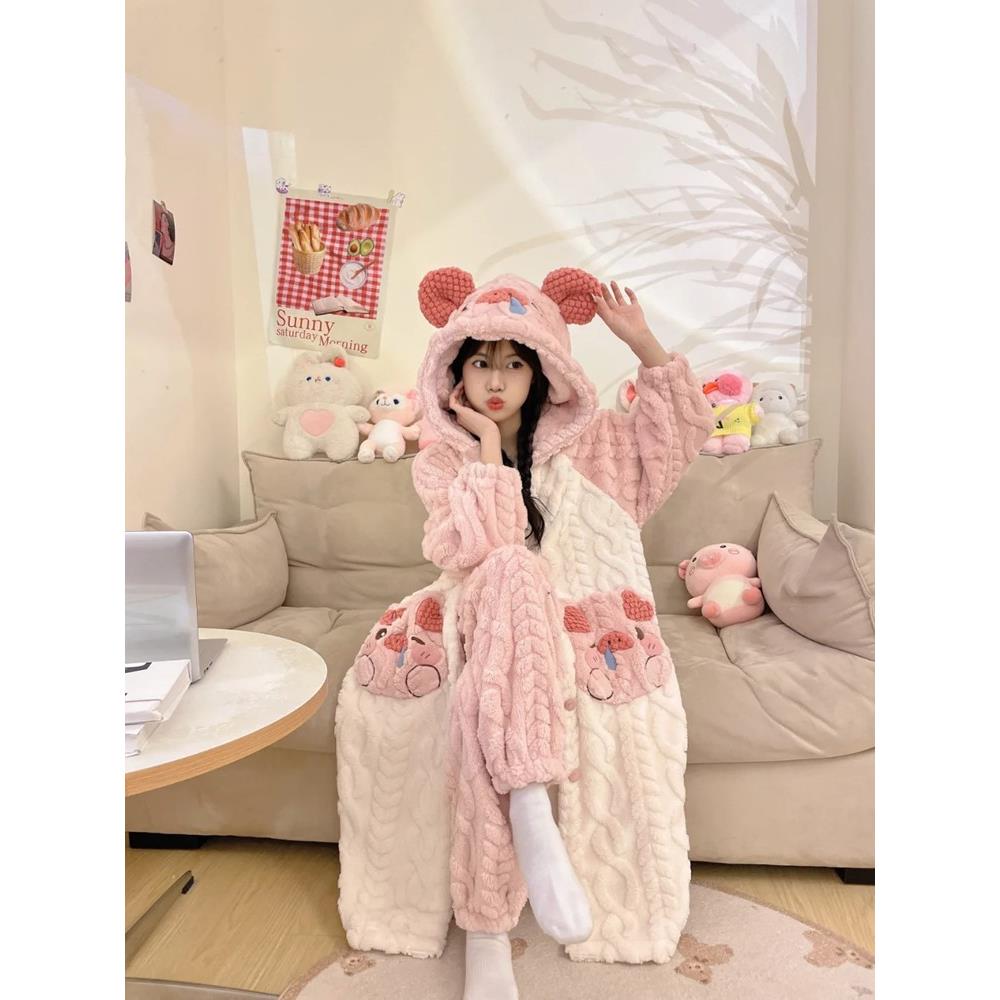 少女毛毛睡衣女款秋冬珊瑚绒长袍女生冬季法兰毛绒毛茸茸长款睡袍