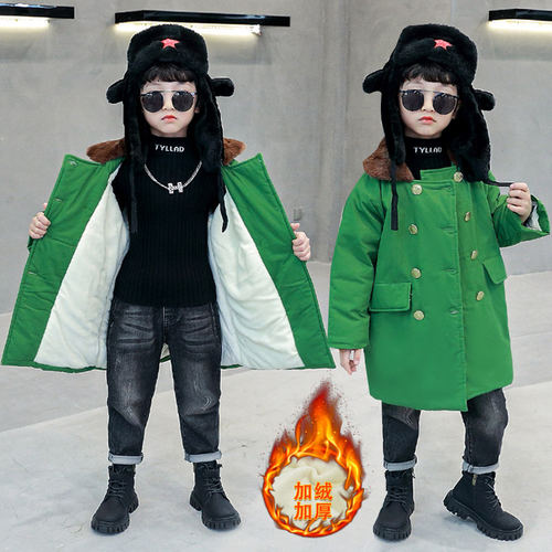 宝宝儿童东北绿色军大衣冬季男童小孩复古棉袄加绒加厚中长款新款