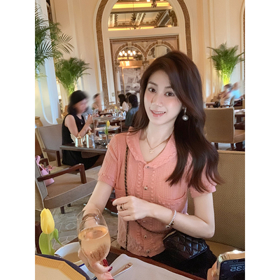甜美气质针织短袖女夏粉色上衣