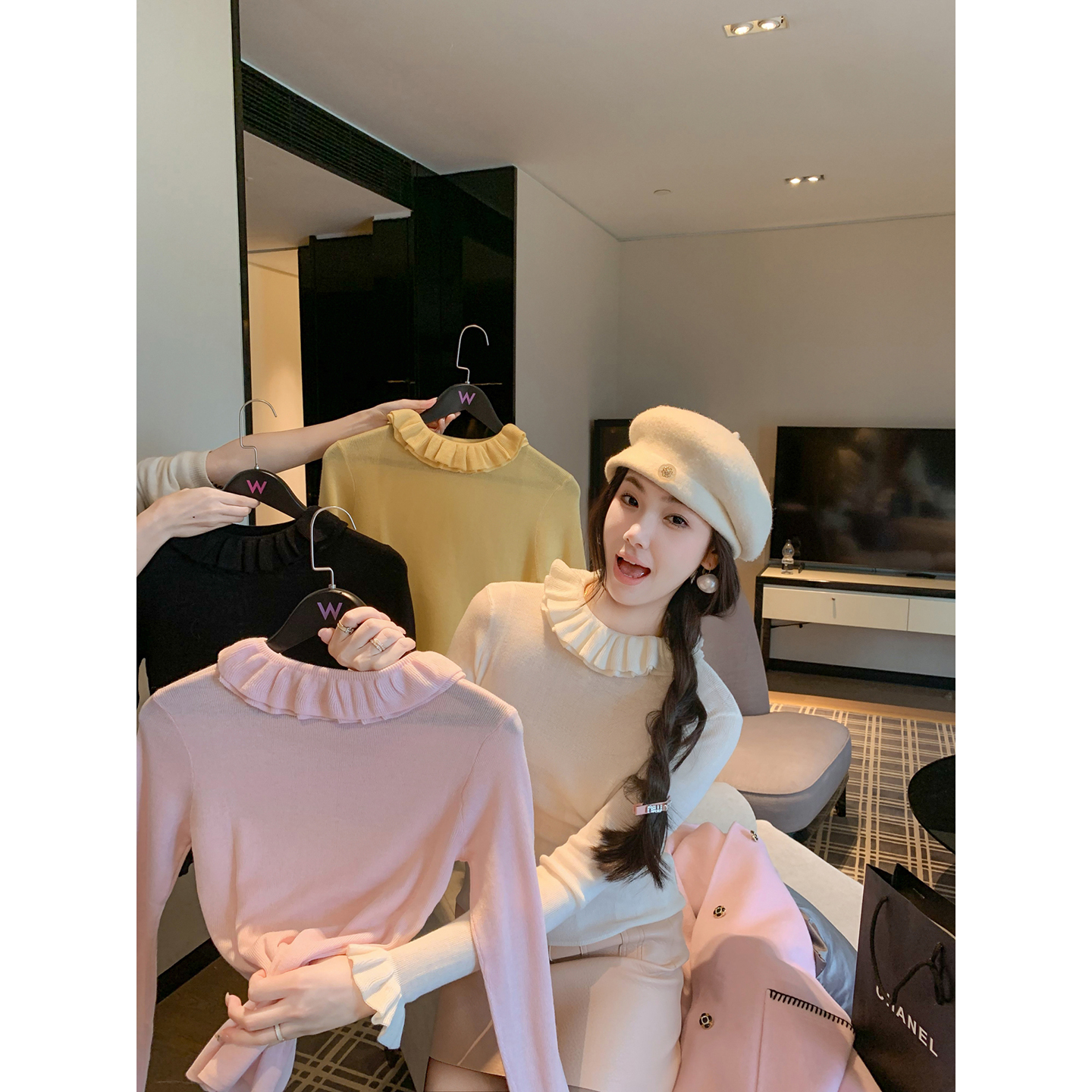 荷叶边羊毛针织衫女百搭打底上衣