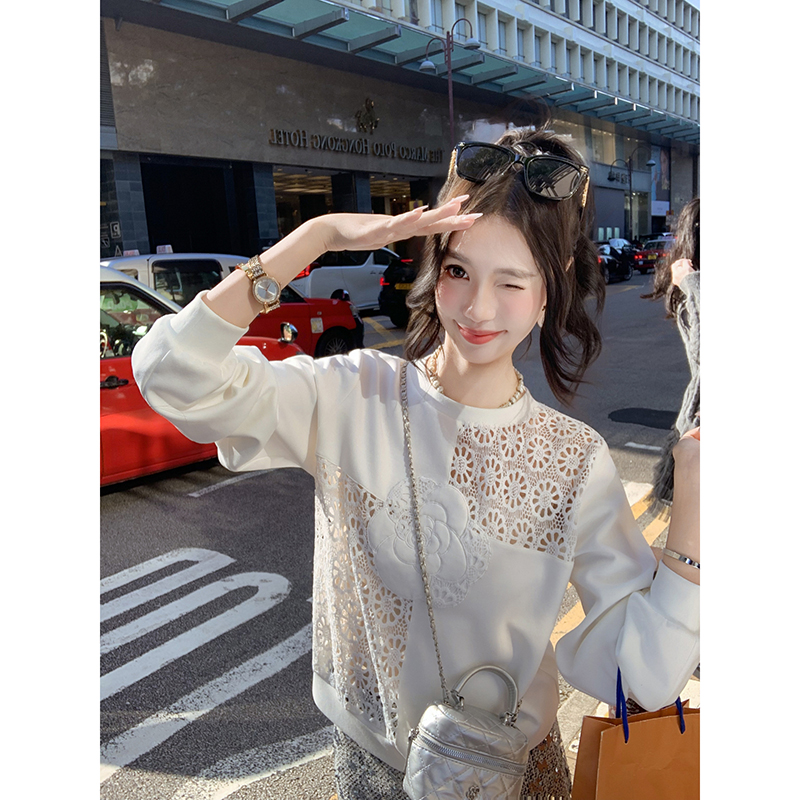 小香风镂空山茶花上衣女新款
