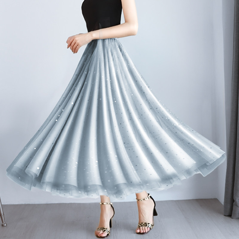 a字高腰网纱裙半身裙女夏春秋中长款百褶2020春季新款显瘦长裙子