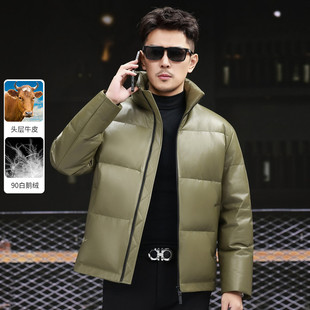 冬季新款头层牛皮羽绒服立领加厚保暖真皮皮衣男士时尚短款皮夹克