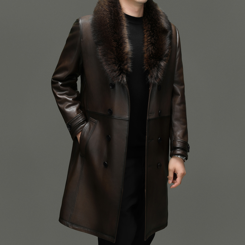 山羊皮真皮皮衣男长款风衣大狐狸毛领水貂内胆中老年爸爸装羽绒服